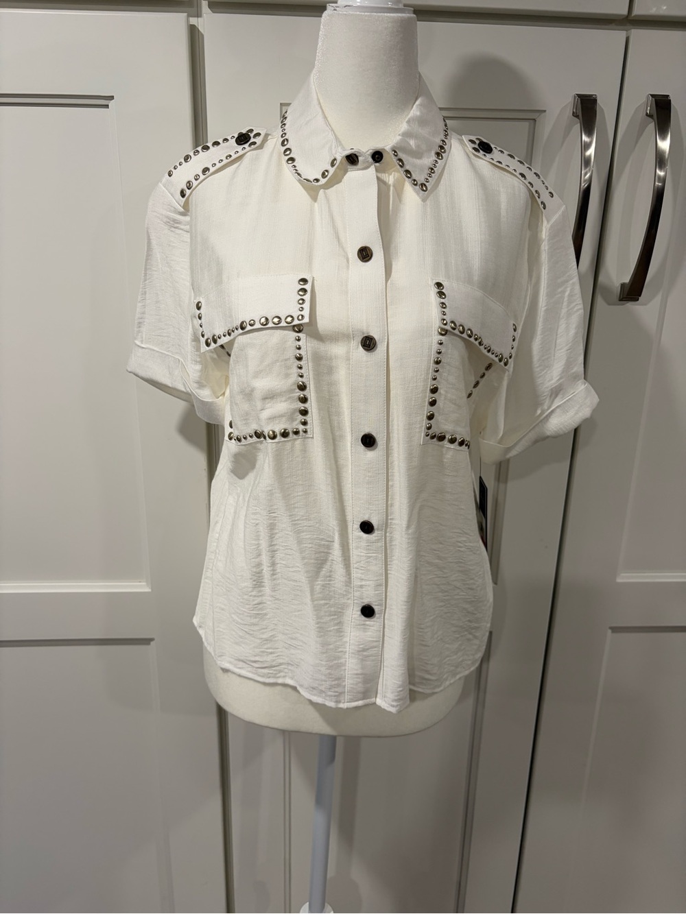 Karl Lagerfeld White Short Sleeve Button-Down Shirt with Metallic Studs